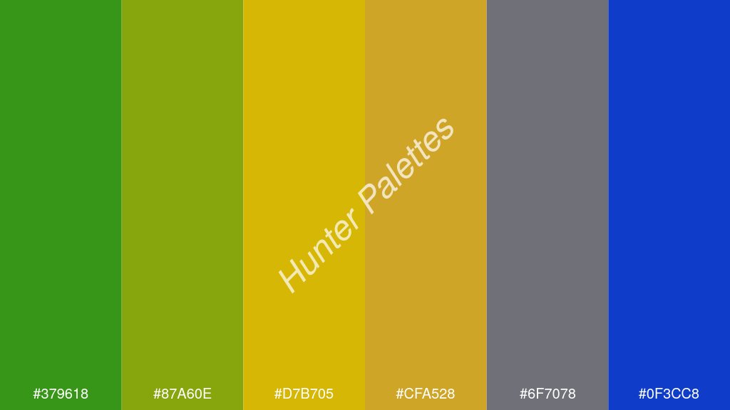 borostyán szín palettája a következőkkel: #379618 #87a60e #d7b705 #cfa528 #6f7078 #0f3cc8