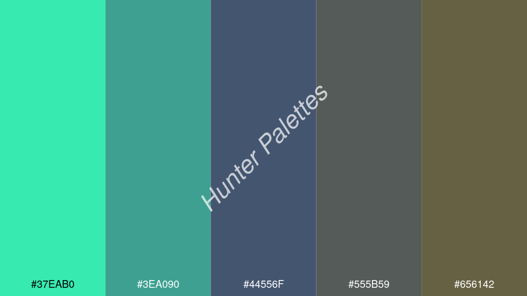 kékes szürke szín palettája a következőkkel: #37eab0 #3ea090 #44556f #555b59 #656142