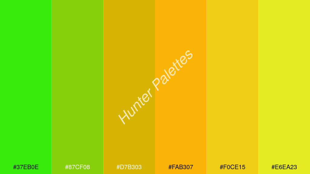 narancssárga szín palettája a következőkkel: #37eb0e #87cf08 #d7b303 #fab307 #f0ce15 #e6ea23