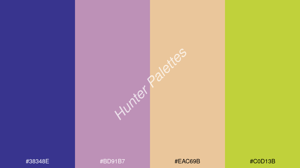 rózsaszín szín palettája a következőkkel: #38348e #bd91b7 #eac69b #c0d13b