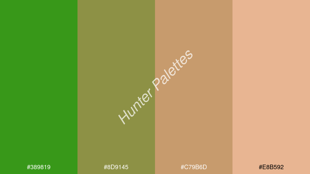 kalua szín palettája a következőkkel: #389819 #8d9145 #c79b6d #e8b592