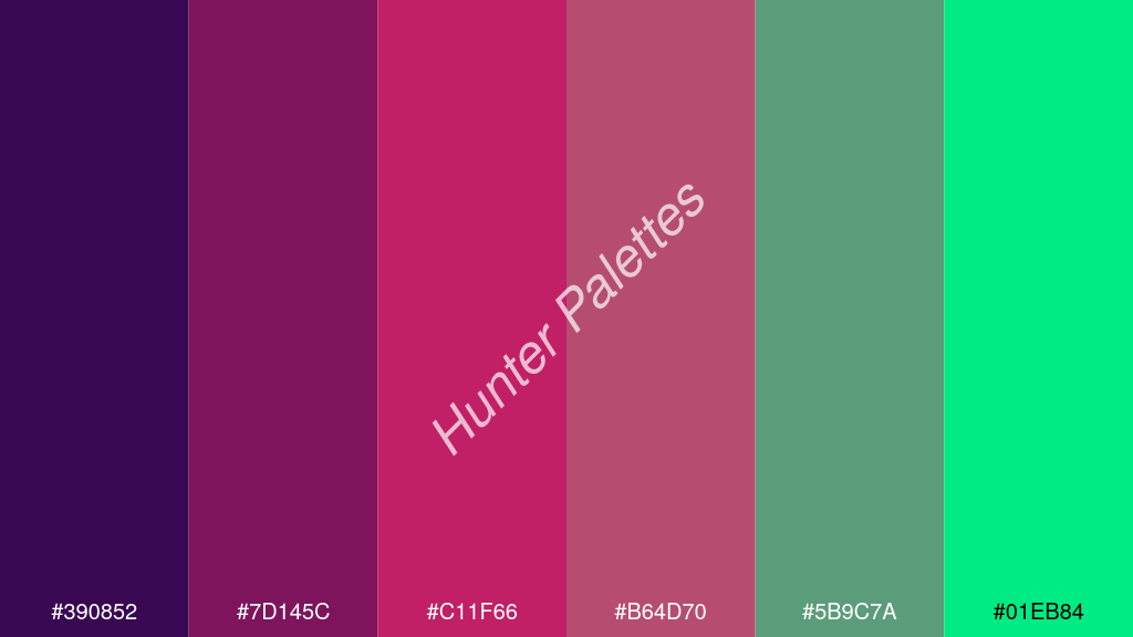 razzmatazz szín palettája a következőkkel: #390852 #7d145c #c11f66 #b64d70 #5b9c7a #01eb84