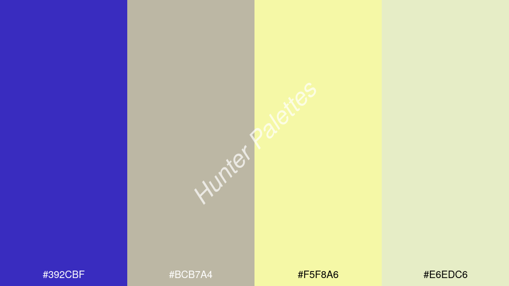 pasztell sárga szín palettája a következőkkel: #392cbf #bcb7a4 #f5f8a6 #e6edc6