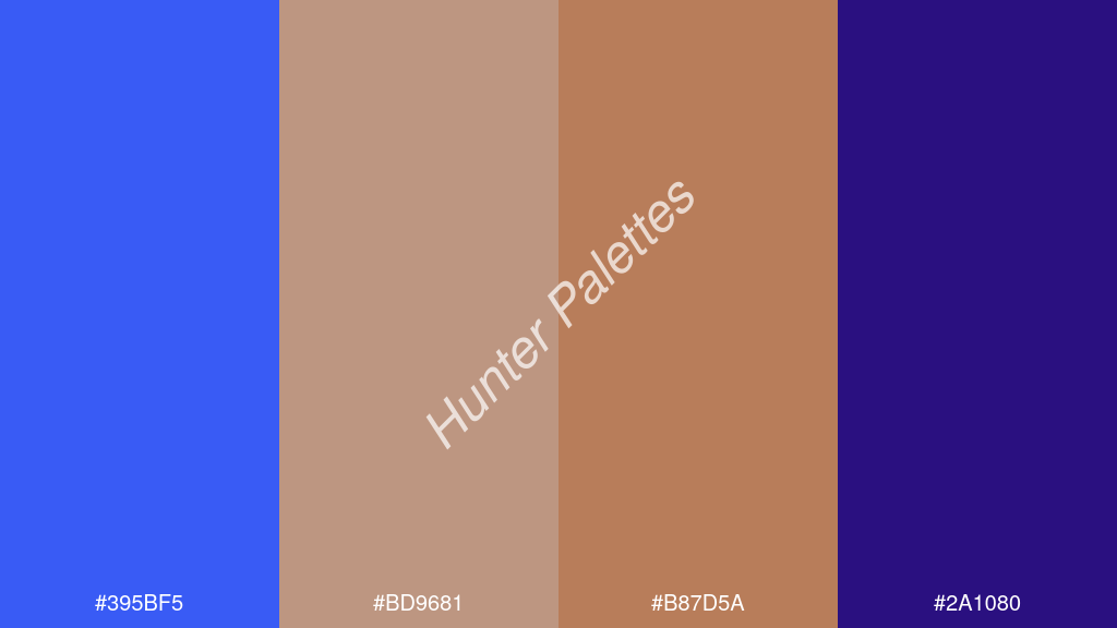 pasztell narancssárga szín palettája a következőkkel: #395bf5 #bd9681 #b87d5a #2a1080