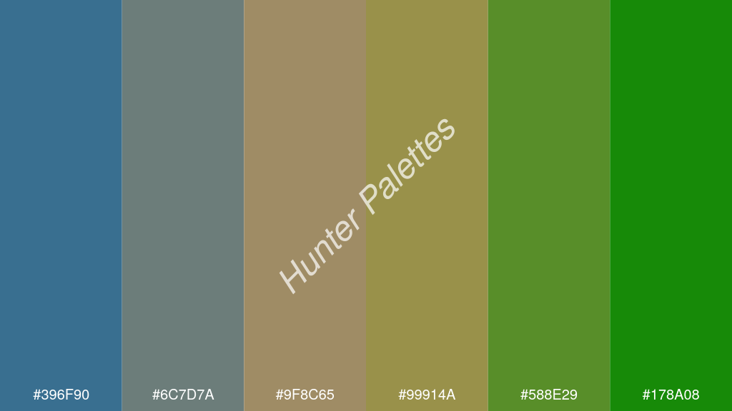 okker szín palettája a következőkkel: #396f90 #6c7d7a #9f8c65 #99914a #588e29 #178a08