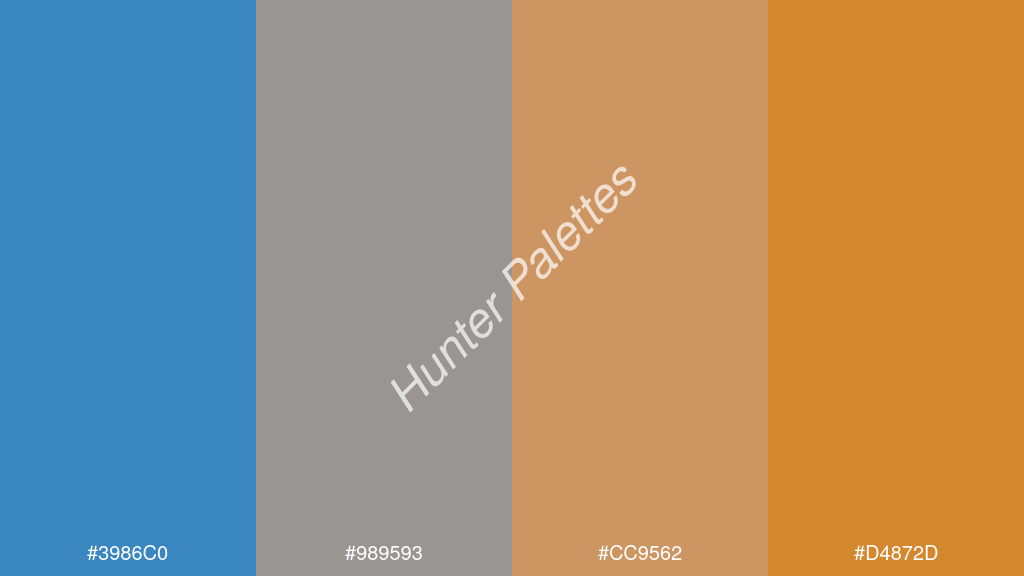 terracotta szín palettája a következőkkel: #3986c0 #989593 #cc9562 #d4872d