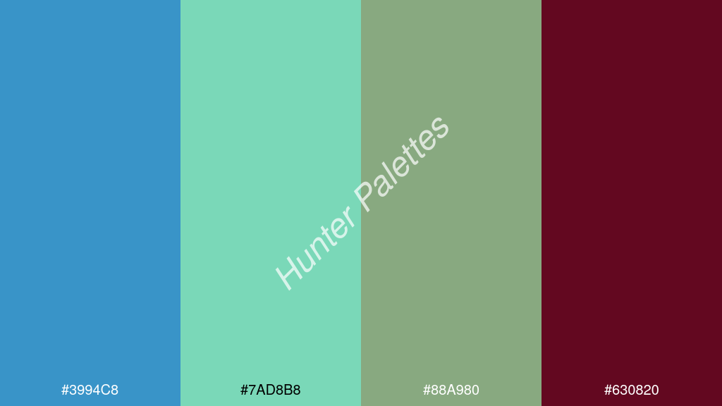 menta szín palettája a következőkkel: #3994c8 #7ad8b8 #88a980 #630820