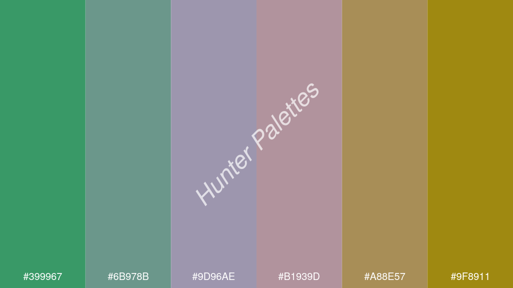 orgona szín palettája a következőkkel: #399967 #6b978b #9d96ae #b1939d #a88e57 #9f8911