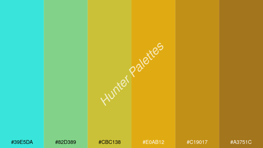arany szín palettája a következőkkel: #39e5da #82d389 #cbc138 #e0ab12 #c19017 #a3751c
