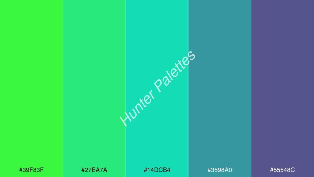 karibi zöld szín palettája a következőkkel: #39f83f #27ea7a #14dcb4 #3598a0 #55548c
