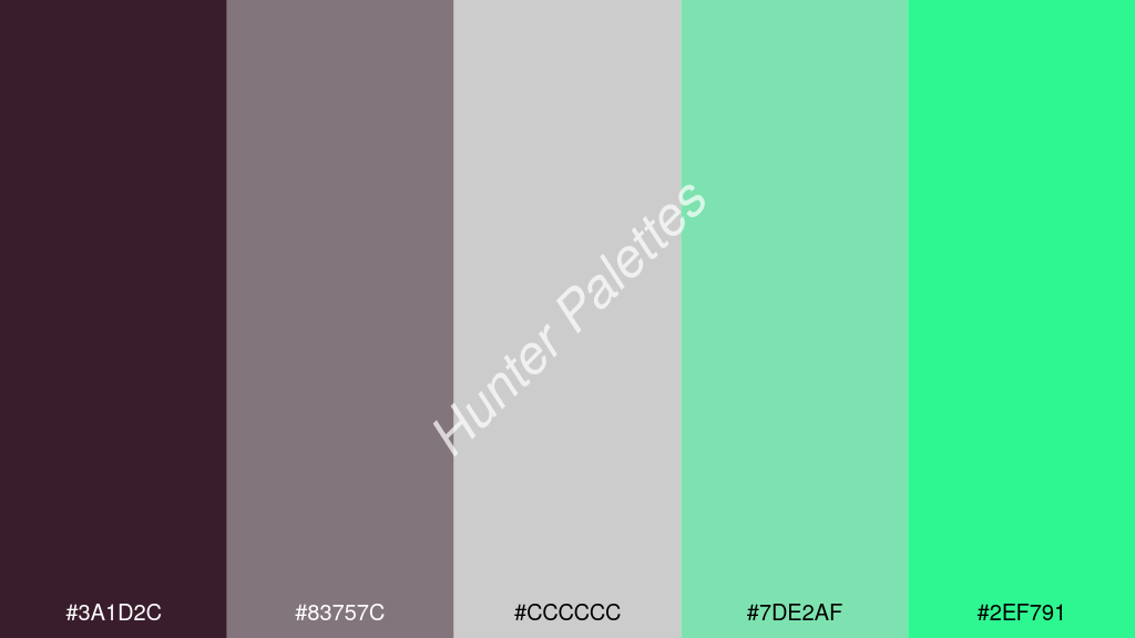cccccc szín palettája a következőkkel: #3a1d2c #83757c #cccccc #7de2af #2ef791