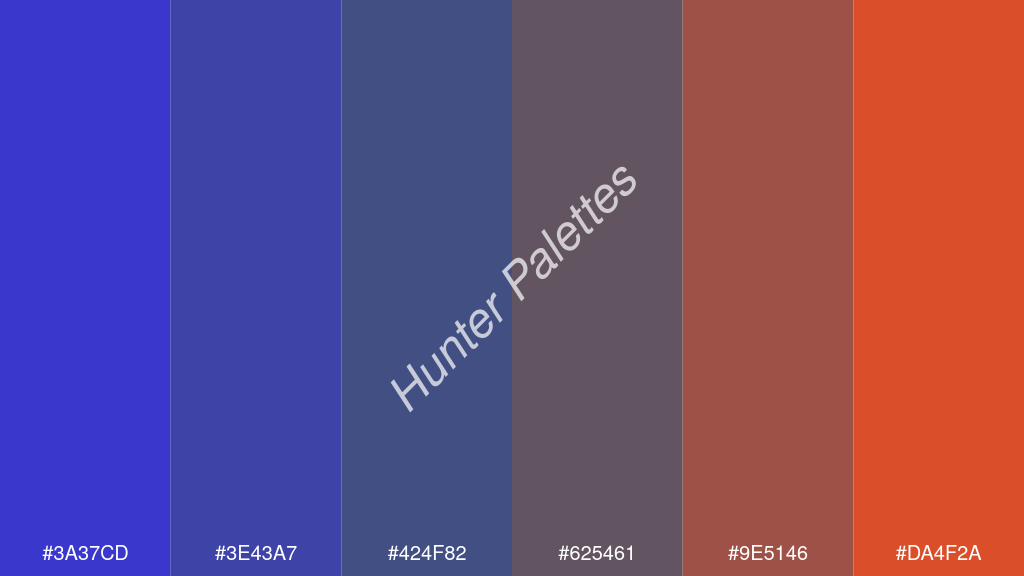 kékes szürke szín palettája a következőkkel: #3a37cd #3e43a7 #424f82 #625461 #9e5146 #da4f2a