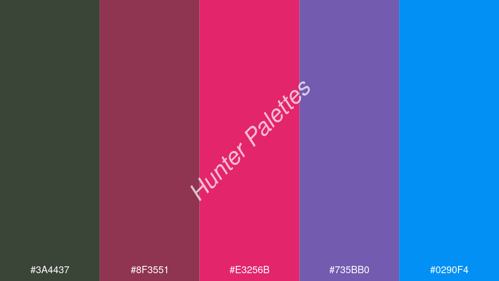 razzmatazz szín palettája a következőkkel: #3a4437 #8f3551 #e3256b #735bb0 #0290f4