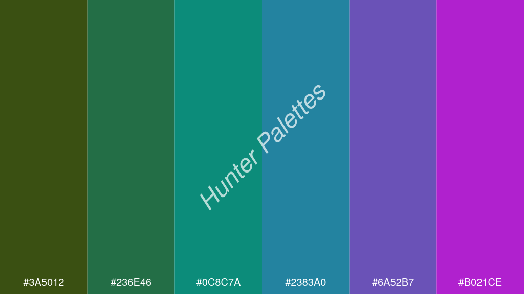 kékzöld szín palettája a következőkkel: #3a5012 #236e46 #0c8c7a #2383a0 #6a52b7 #b021ce