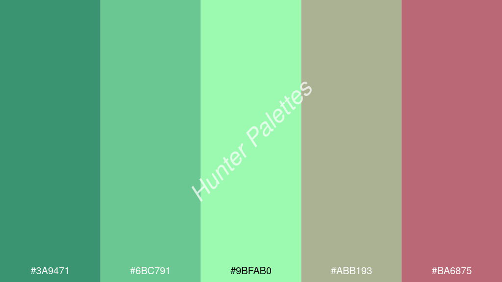 menta szín palettája a következőkkel: #3a9471 #6bc791 #9bfab0 #abb193 #ba6875