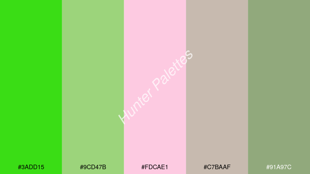pasztell rózsaszín szín palettája a következőkkel: #3add15 #9cd47b #fdcae1 #c7baaf #91a97c