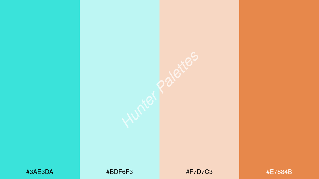 fehér szín palettája a következőkkel: #3ae3da #bdf6f3 #f7d7c3 #e7884b