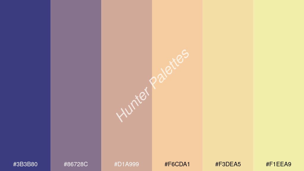 őszibarack szín palettája a következőkkel: #3b3b80 #86728c #d1a999 #f6cda1 #f3dea5 #f1eea9