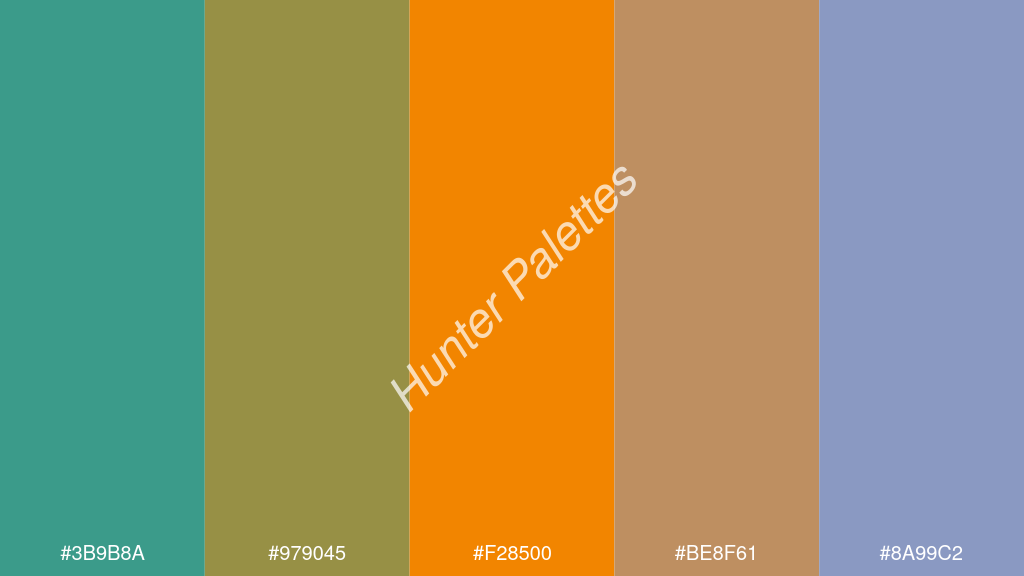 mandarin szín palettája a következőkkel: #3b9b8a #979045 #f28500 #be8f61 #8a99c2