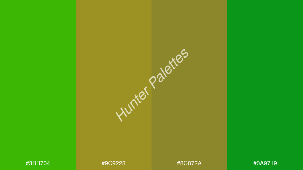 bronz szín palettája a következőkkel: #3bb704 #9c9223 #8c872a #0a9719