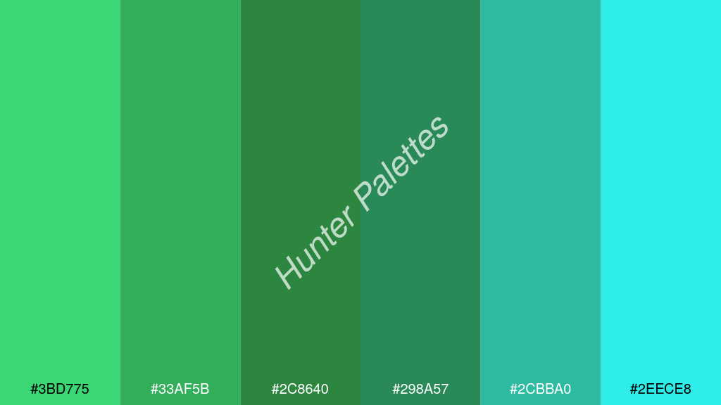 smaragdzöld szín palettája a következőkkel: #3bd775 #33af5b #2c8640 #298a57 #2cbba0 #2eece8