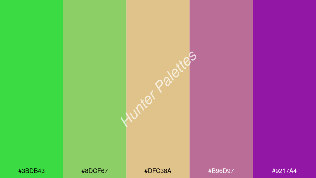 khaki szín palettája a következőkkel: #3bdb43 #8dcf67 #dfc38a #b96d97 #9217a4