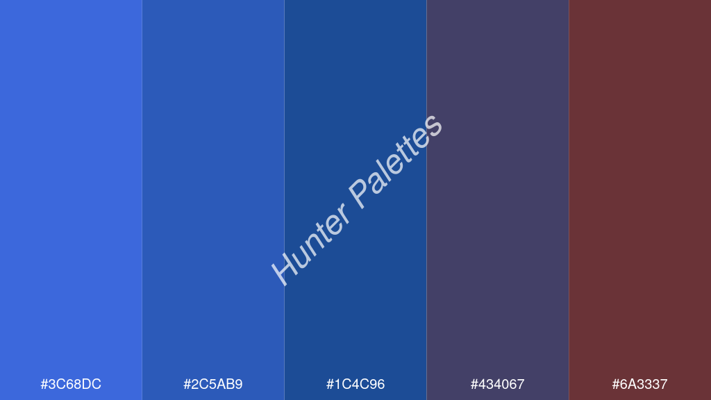 indigókék szín palettája a következőkkel: #3c68dc #2c5ab9 #1c4c96 #434067 #6a3337