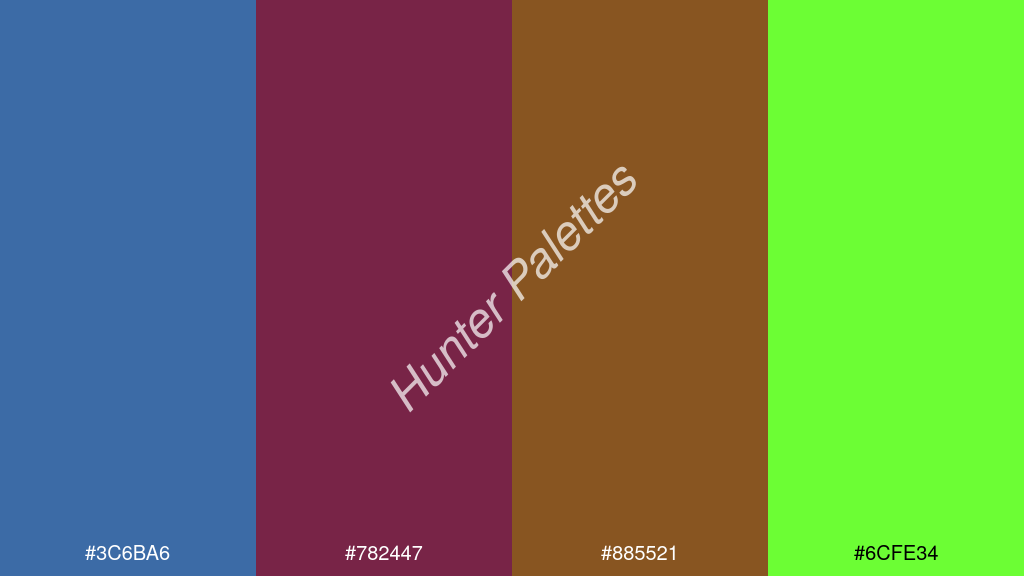 karmazsin szín palettája a következőkkel: #3c6ba6 #782447 #885521 #6cfe34