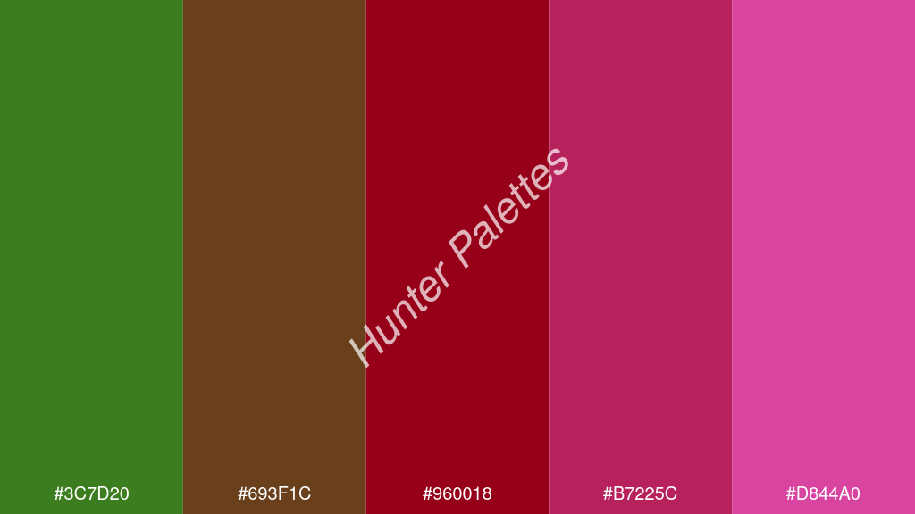 karmazsin szín palettája a következőkkel: #3c7d20 #693f1c #960018 #b7225c #d844a0