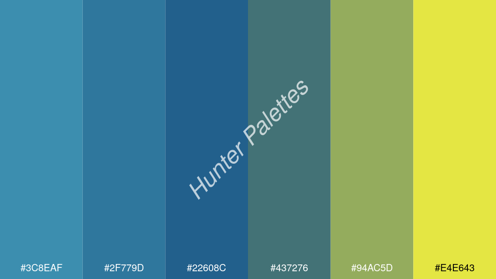Capri kék szín palettája a következőkkel: #3c8eaf #2f779d #22608c #437276 #94ac5d #e4e643