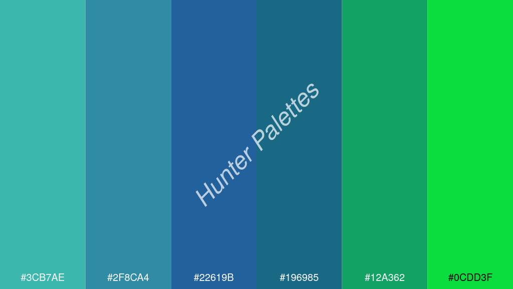indigókék szín palettája a következőkkel: #3cb7ae #2f8ca4 #22619b #196985 #12a362 #0cdd3f