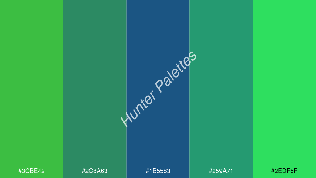 Capri kék szín palettája a következőkkel: #3cbe42 #2c8a63 #1b5583 #259a71 #2edf5f