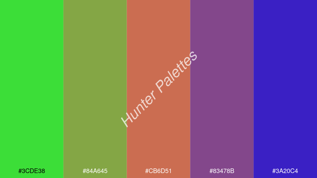 réz szín palettája a következőkkel: #3cde38 #84a645 #cb6d51 #83478b #3a20c4