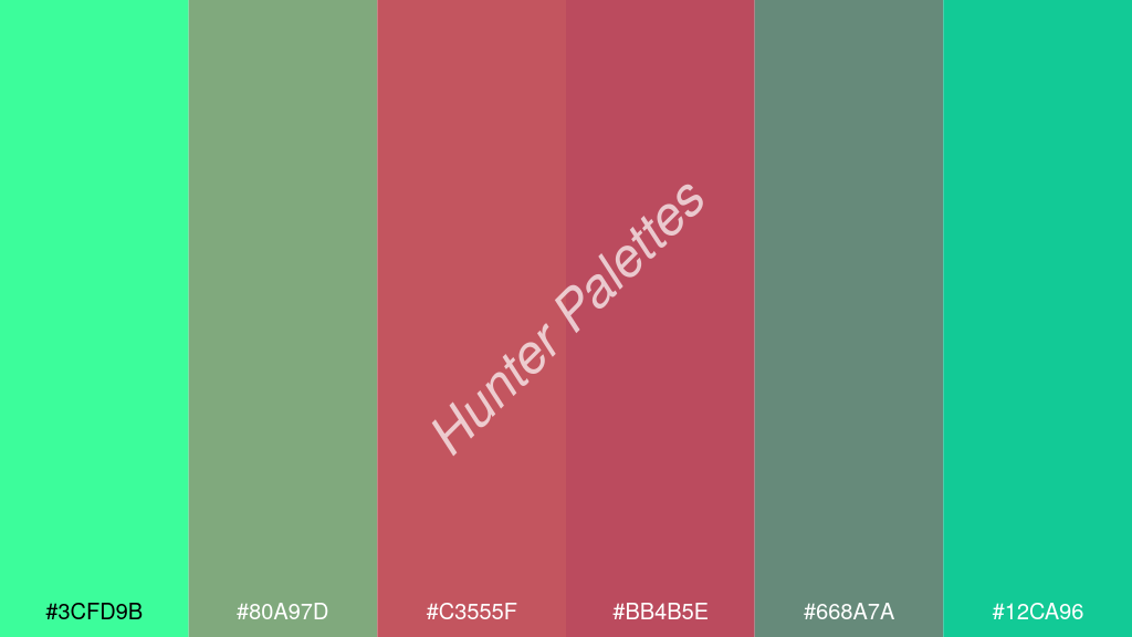 amarant szín palettája a következőkkel: #3cfd9b #80a97d #c3555f #bb4b5e #668a7a #12ca96