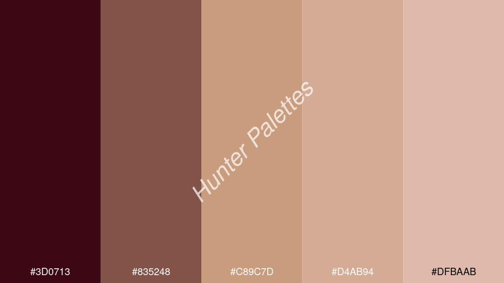 terracotta szín palettája a következőkkel: #3d0713 #835248 #c89c7d #d4ab94 #dfbaab