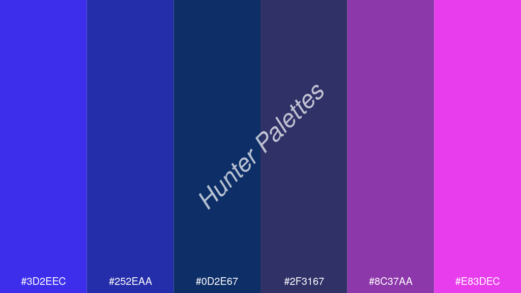 pávakék szín palettája a következőkkel: #3d2eec #252eaa #0d2e67 #2f3167 #8c37aa #e83dec