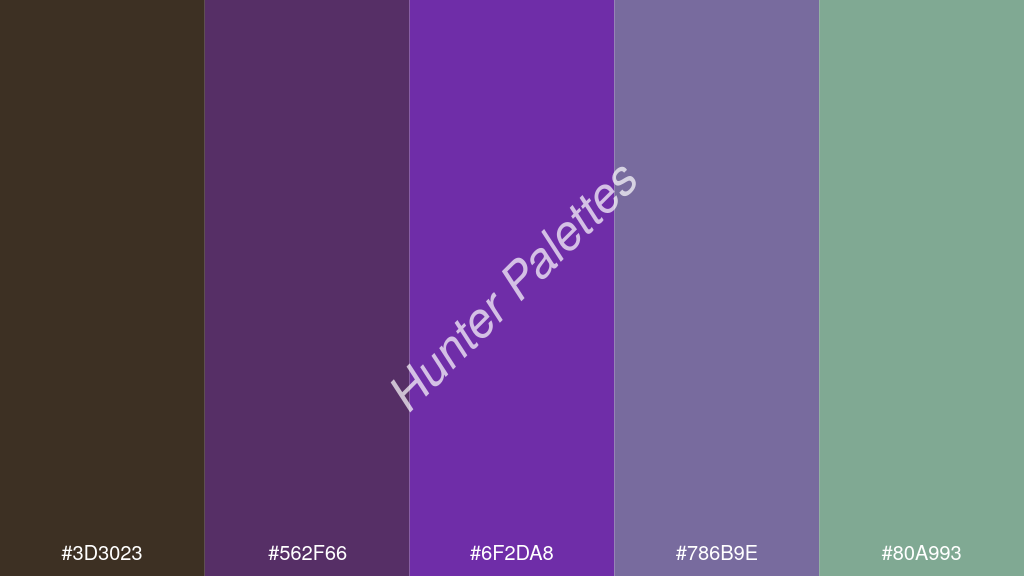 szőlő szín palettája a következőkkel: #3d3023 #562f66 #6f2da8 #786b9e #80a993