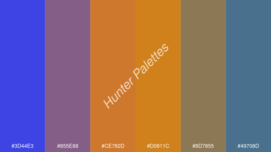 mandarin szín palettája a következőkkel: #3d44e3 #855e88 #ce782d #d0811c #8d7855 #49708d