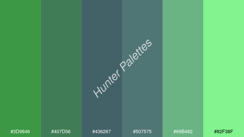 kékes szürke szín palettája a következőkkel: #3d9846 #407d56 #436267 #507575 #69b482 #82f38f