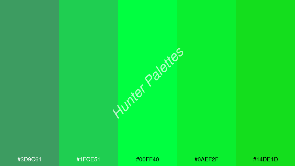 fluoreszkáló zöld szín palettája a következőkkel: #3d9c61 #1fce51 #00ff40 #0aef2f #14de1d