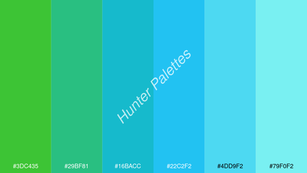 égszínkék szín palettája a következőkkel: #3dc435 #29bf81 #16bacc #22c2f2 #4dd9f2 #79f0f2