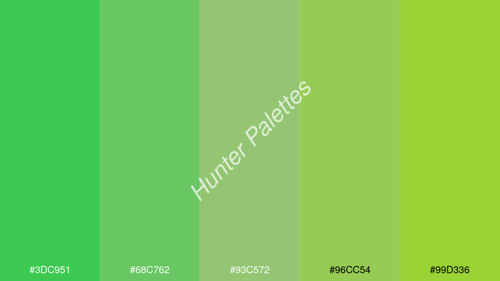 pisztáciazöld szín palettája a következőkkel: #3dc951 #68c762 #93c572 #96cc54 #99d336