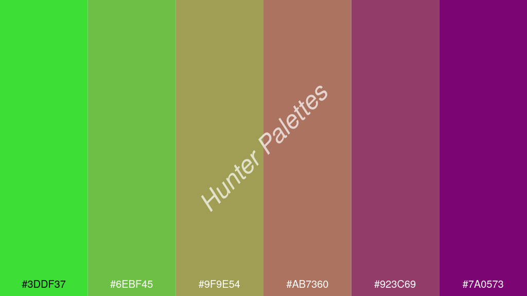 kalua szín palettája a következőkkel: #3ddf37 #6ebf45 #9f9e54 #ab7360 #923c69 #7a0573