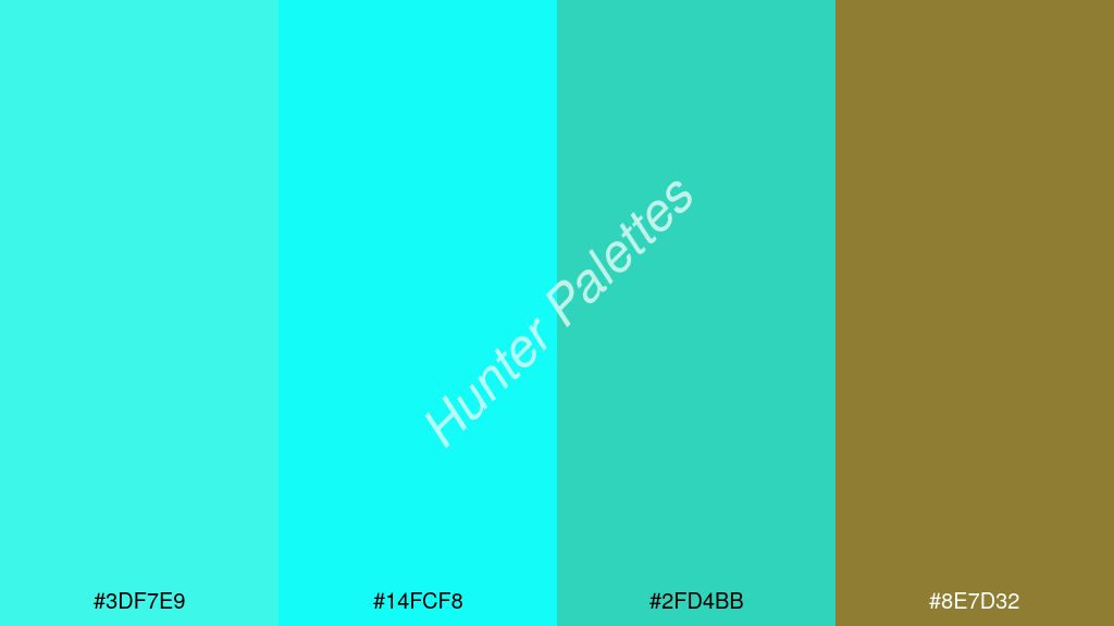 cián szín palettája a következőkkel: #3df7e9 #14fcf8 #2fd4bb #8e7d32
