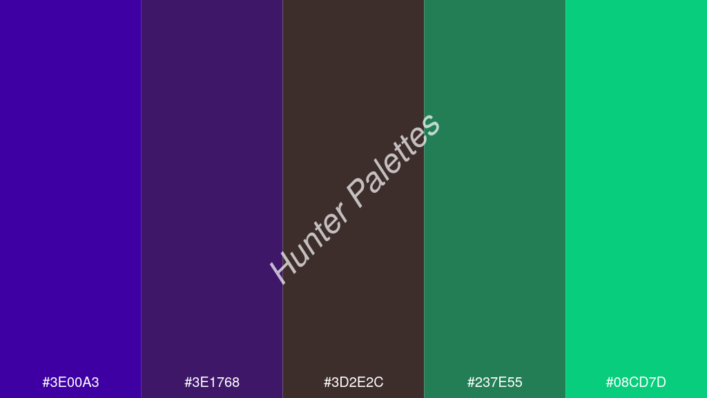 wenge szín palettája a következőkkel: #3e00a3 #3e1768 #3d2e2c #237e55 #08cd7d