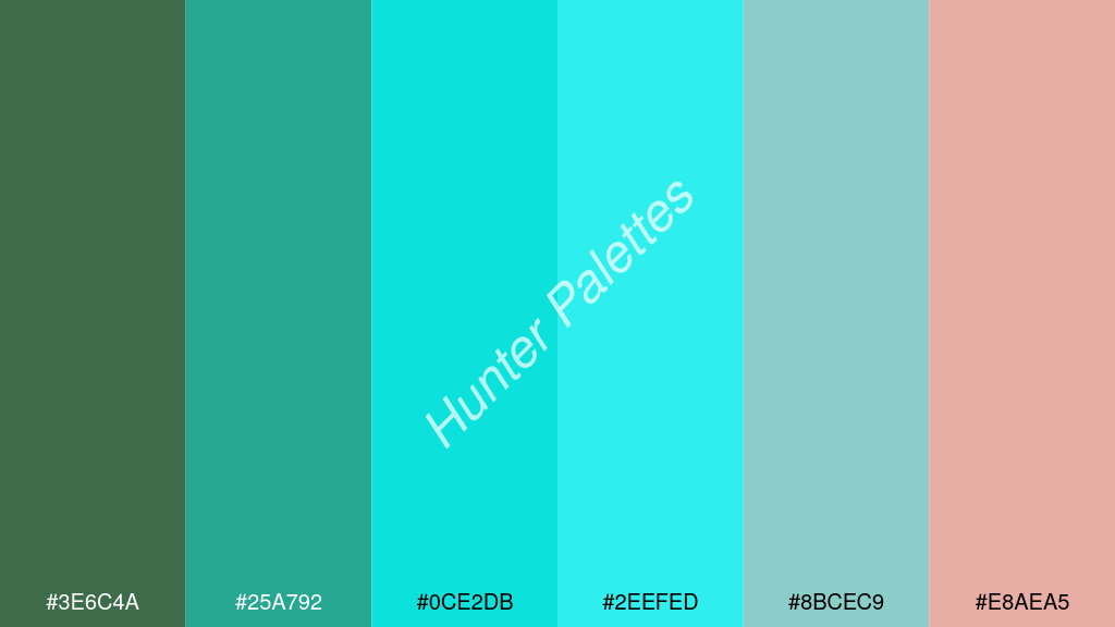 cián szín palettája a következőkkel: #3e6c4a #25a792 #0ce2db #2eefed #8bcec9 #e8aea5