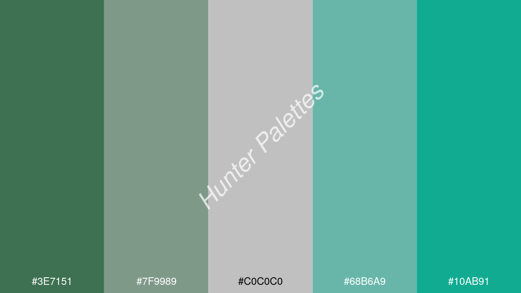 ezüstszürke szín palettája a következőkkel: #3e7151 #7f9989 #c0c0c0 #68b6a9 #10ab91
