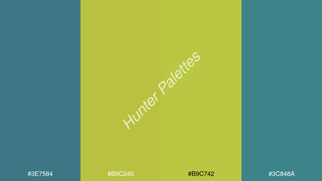 kanárisárga szín palettája a következőkkel: #3e7584 #b9c240 #b9c742 #3c848a