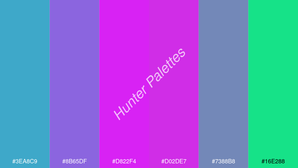 magenta szín palettája a következőkkel: #3ea8c9 #8b65df #d822f4 #d02de7 #7388b8 #16e288