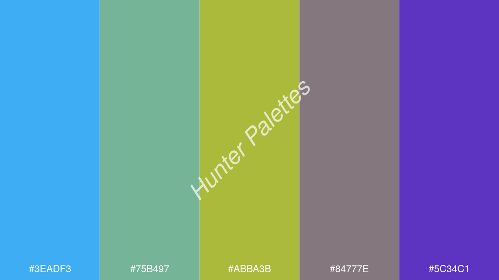 kivi szín palettája a következőkkel: #3eadf3 #75b497 #abba3b #84777e #5c34c1